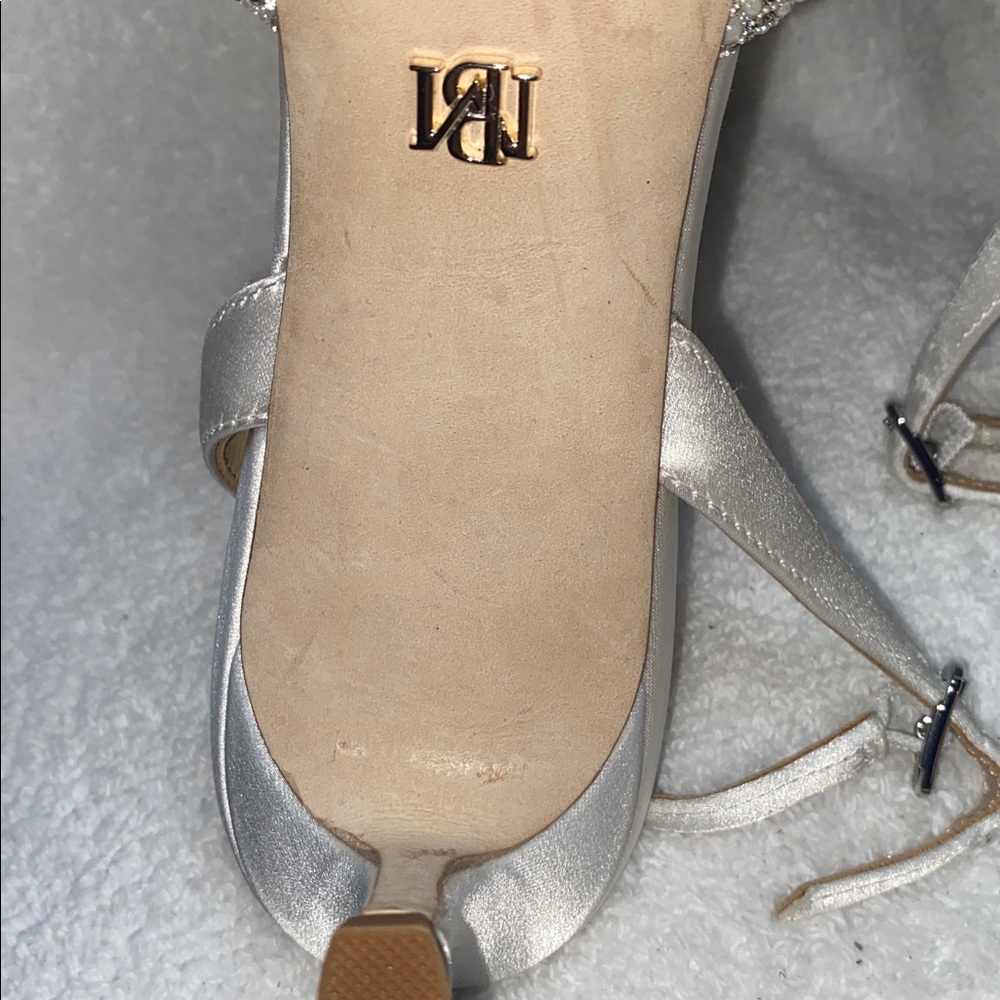 Badgley Mischka White Satin Pointed Toe Slingback Heels with Crystal Bow Accent - Picture 6 of 13